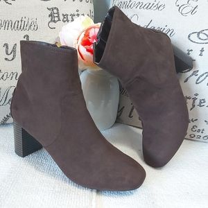 Kelly & Katie women's faux suede ankle heeled boots brown 3" heels